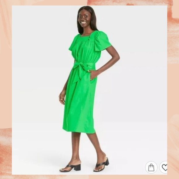 NWT Who What Wear Green Waist Tie Midi Dress - Picture 2 of 4